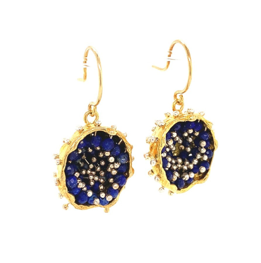 Dance of Stamens Medium Earring, Mobile Gold Plated Pendant Hollow Bezel with Lapis Lazuli (Copy)