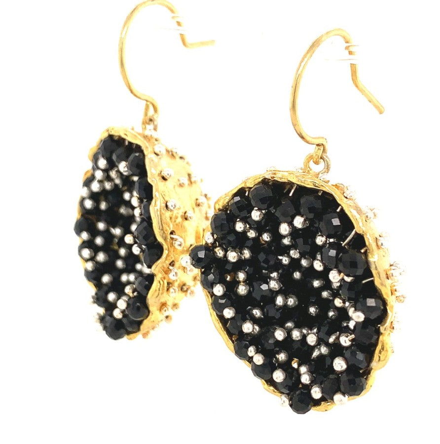 Dance of Stamens Large Earring, Mobile Gold Plated Pendant Hollow Bezel with Black Spinel
