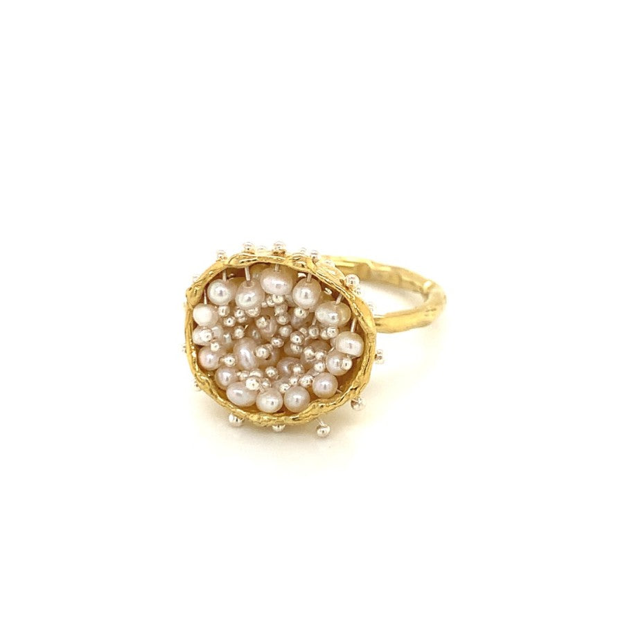 Dance of Stamens Medium Ring, Gold plated Ring, hollow bezel with mobile fresh water baby pearls