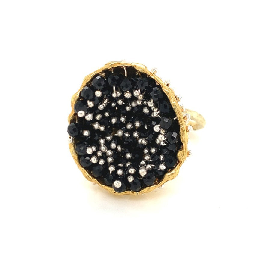 Dance of Stamens Medium Ring, Gold Plate Hollow Bezel with Black Spinel