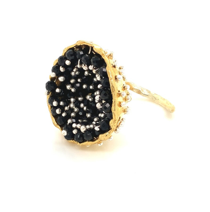 Dance of Stamens Medium Ring, Gold Plate Hollow Bezel with Black Spinel