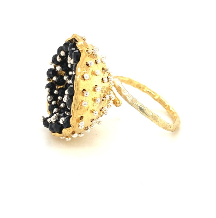 Dance of Stamens Medium Ring, Gold Plate Hollow Bezel with Black Spinel