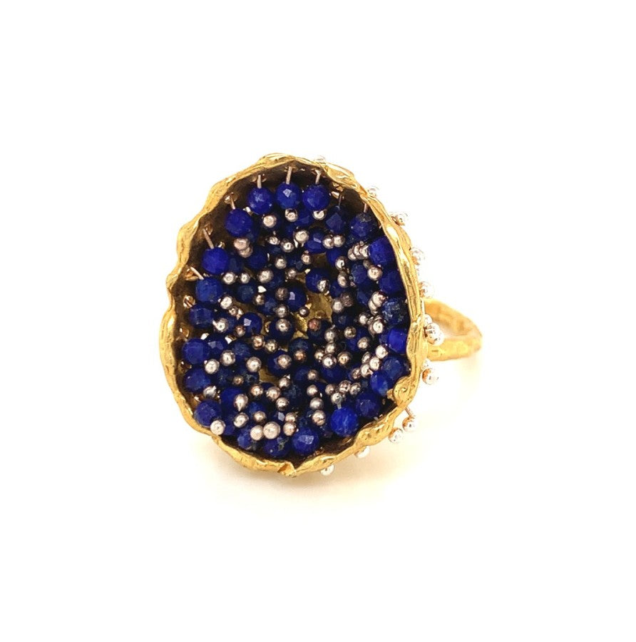 Dance of Stamens Large Ring, Mobile Gold Plated Pendant Hollow Bezel with Lapis Lazuli