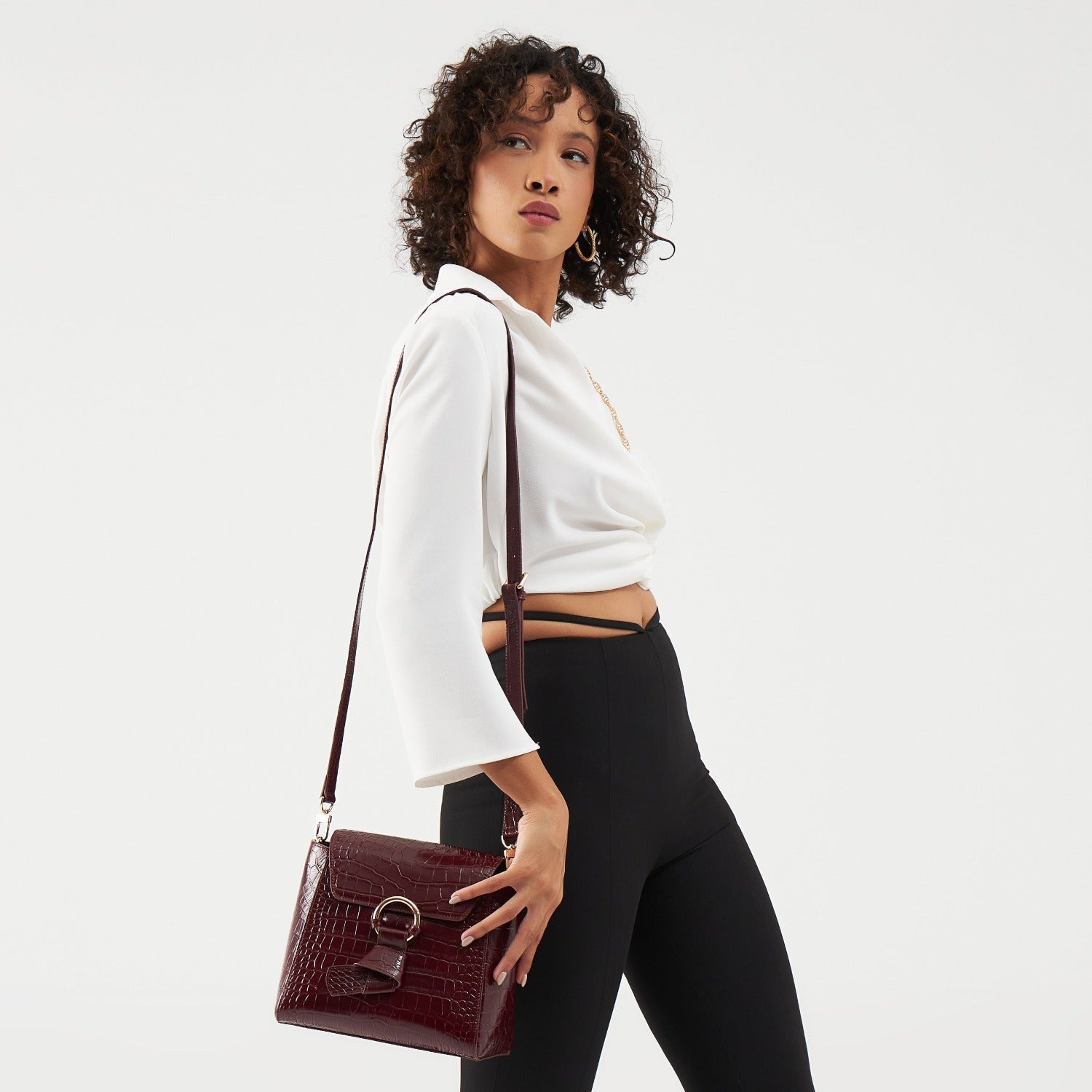 Midi Pimlico, Burgundy Top Handle Bag, Embossed Burgundy Croc