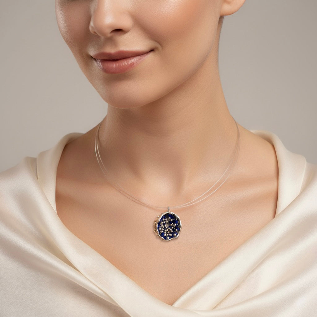 Dance of Stamens Necklace Midi, Silver Hollow Bezel with Lapis Lazuli