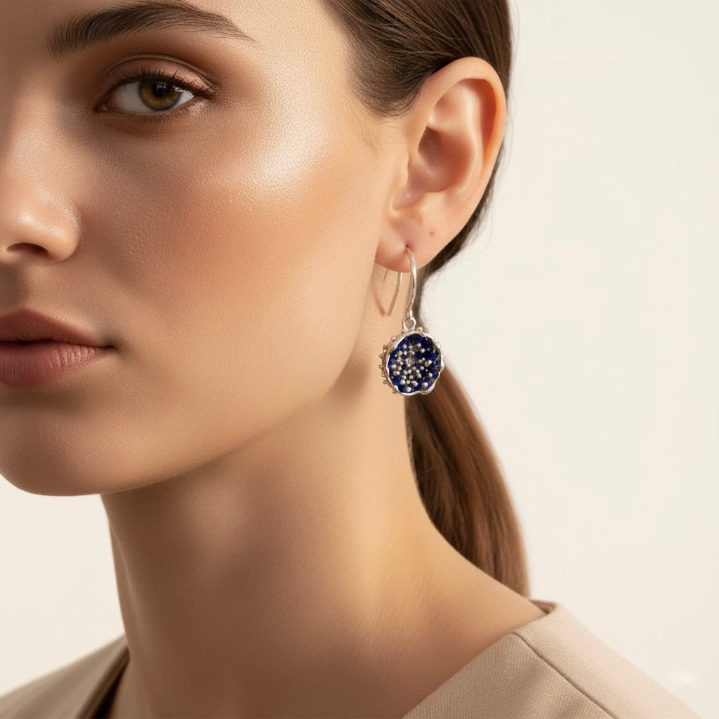 Dance of Stamens Medium Earring, Silver Hollow Bezel with Mobile Semiprecious Stones Lapis Lazouli