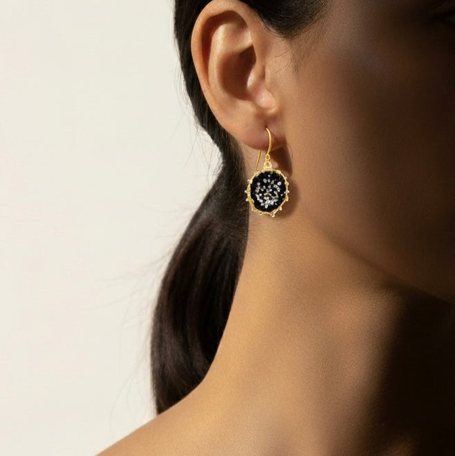 Dance of Stamens Medium Earring, Gold Plated Hollow Bezel with Black Spinel