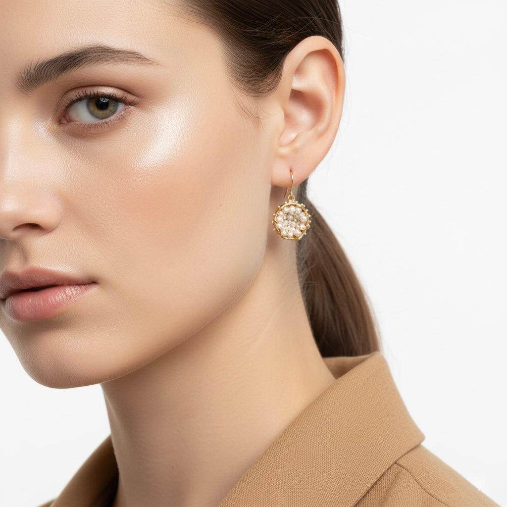 Dance of Stamens Earring Midi, Gold plated hollow bezel with fresh water baby pearls