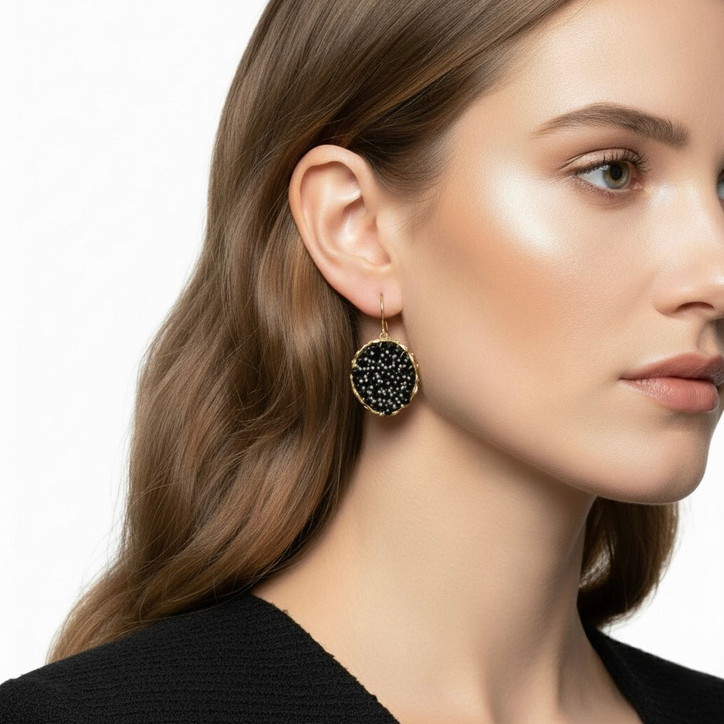 Dance of Stamens Large Earring, Mobile Gold Plated Pendant Hollow Bezel with Black Spinel