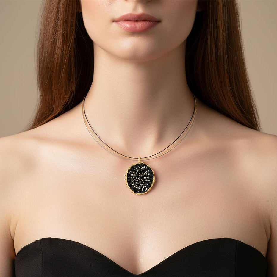 Dance of Stamens Necklace Large, Mobile Gold Plated Pendant Hollow Bezel with Black Spinel